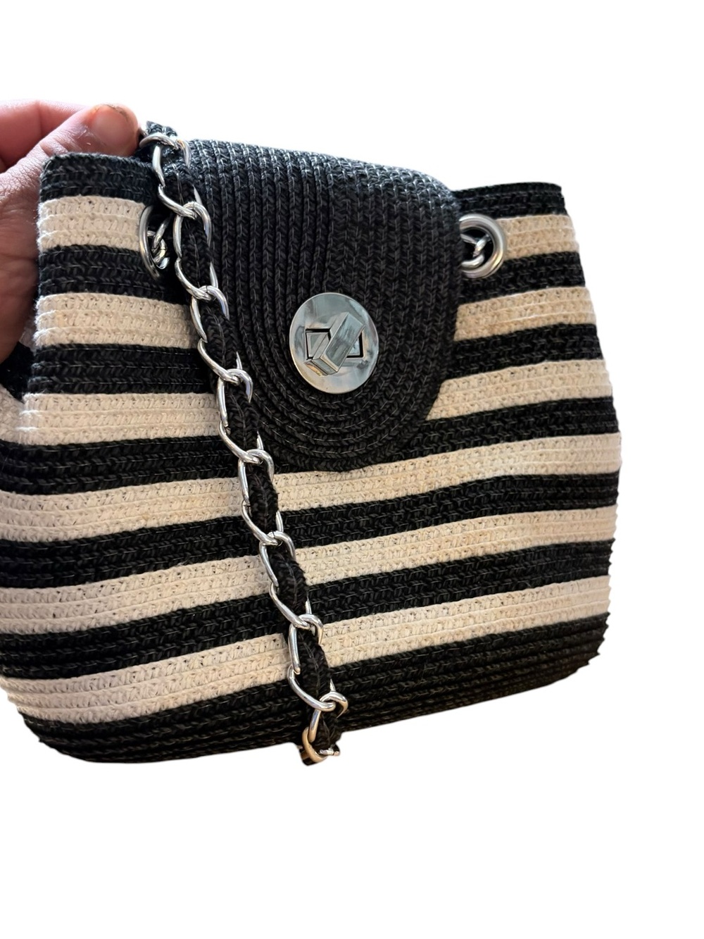 Striped Black and Cream Shoulder Bag with Chain Strap